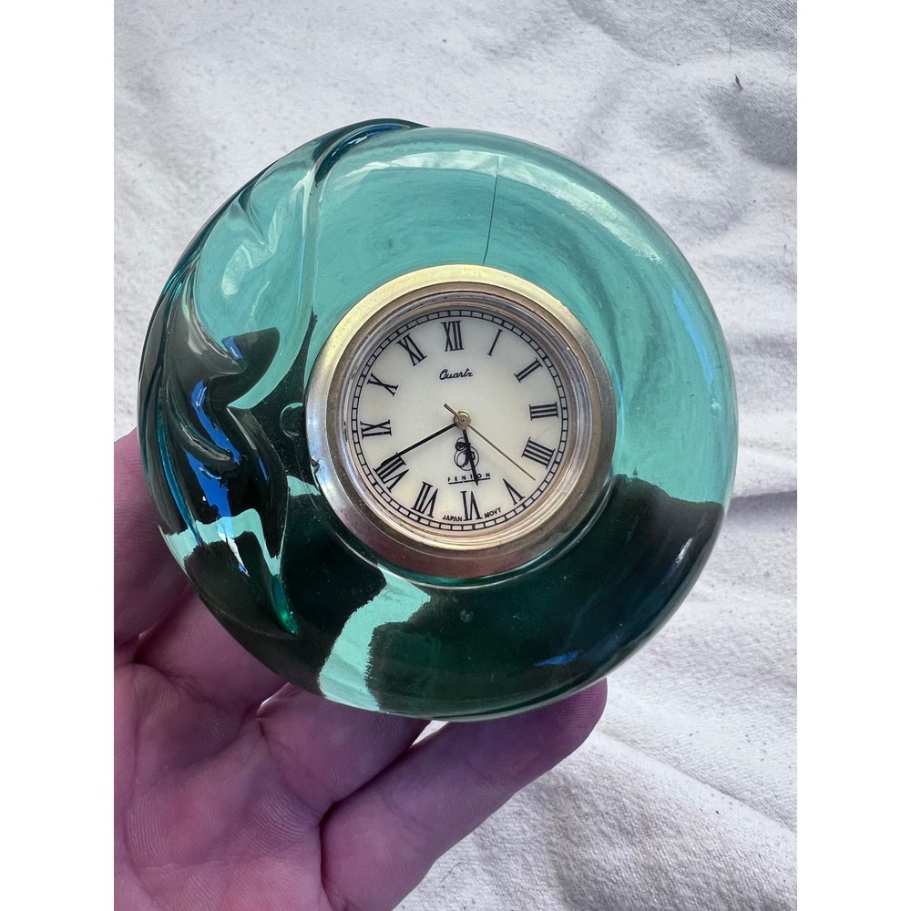 Vintage Fenton Art Glass Desk Clock Teal Green Paperweight Roman Numeral